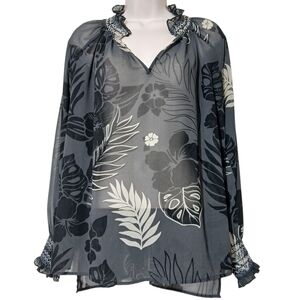 Cabi Aloha Blouse Semi Sheer Black Print Long Sleeve Smocking Work Casual 5597